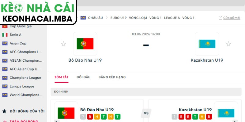 Kèo châu Á trận U19 Bồ Đào Nha vs U19 Kazakhstan (17:00 03/06, U19 EURO)