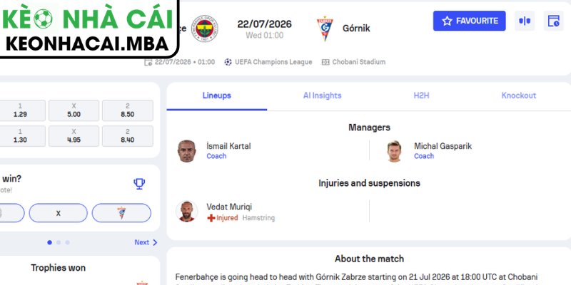 Dự đoán kết quả trận Fenerbahce vs Gornik Zabrze (01:00 22/07, UEFA Champions League)