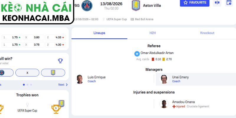 Dự đoán kết quả trận Paris Saint Germain vs Aston Villa (02:00 13/08, UEFA Super Cup)